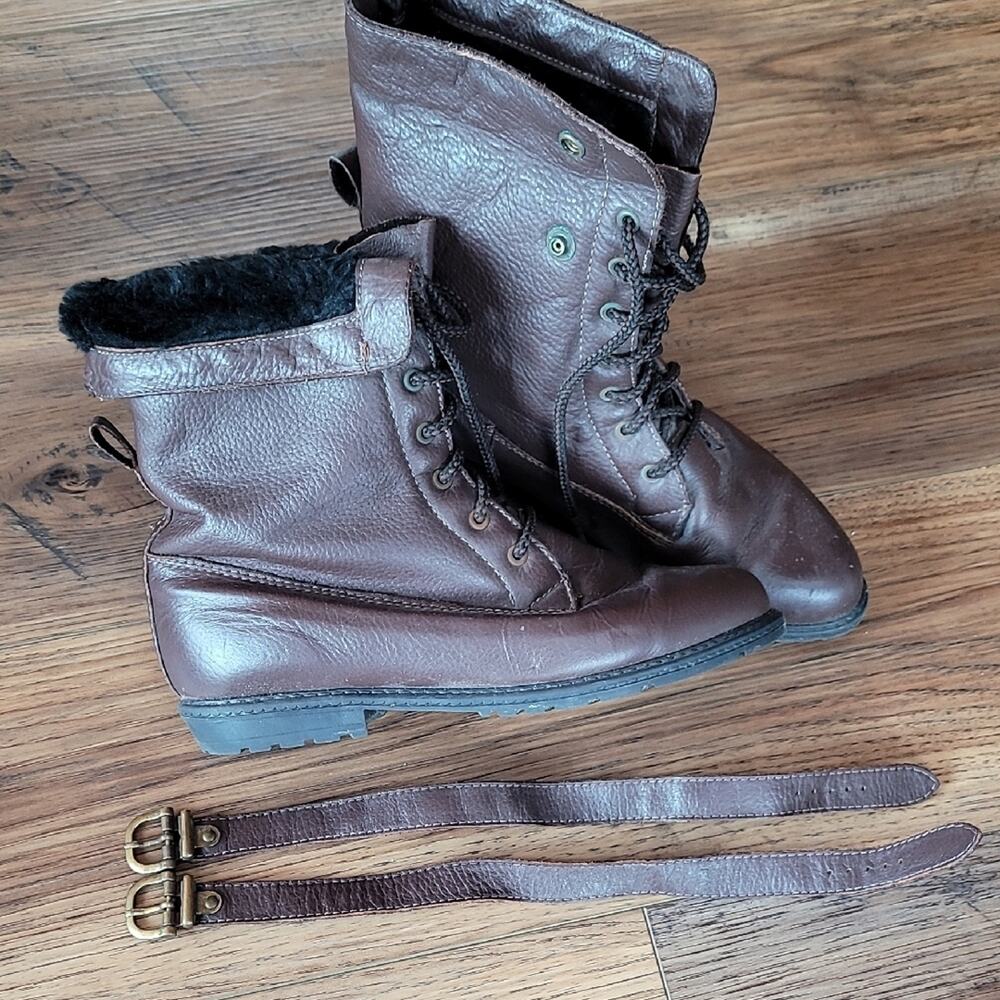 Vintage Pajar Canada Brown Leather Lace-Up Boots with Straps, Size 8, Faux Fur